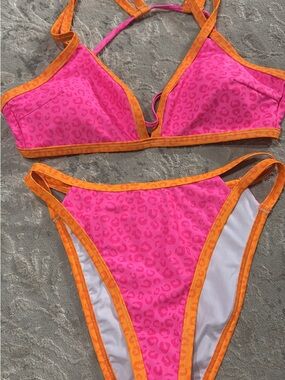 SHEIN Hot Pink & Orange Leopard Trim Bikini Set